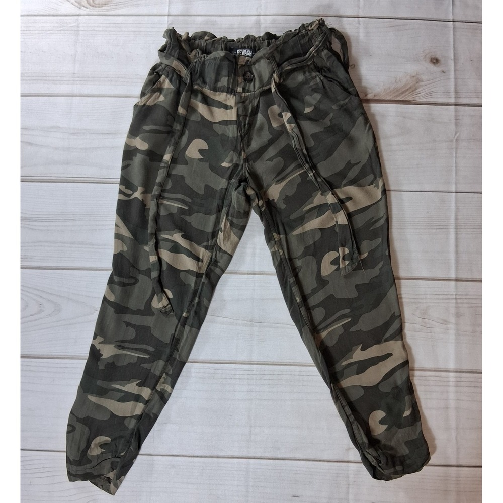 Rewash Womens Camo Paperbag Tie Waist Jogger Pants Size 7 Green Camouflage Rayon